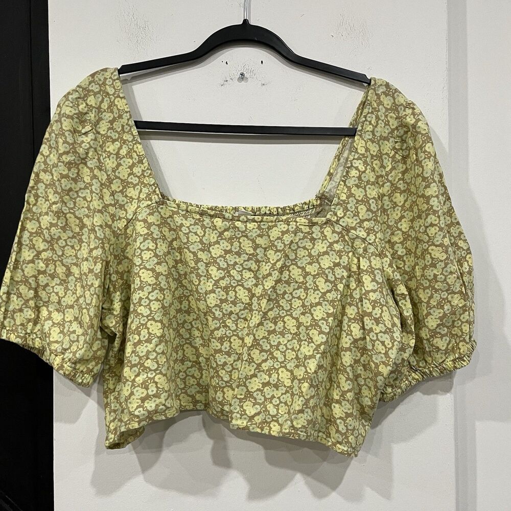 BP Floral Linen Blend Square Neck Crop Top Puff Sleeve Plus Size 1X